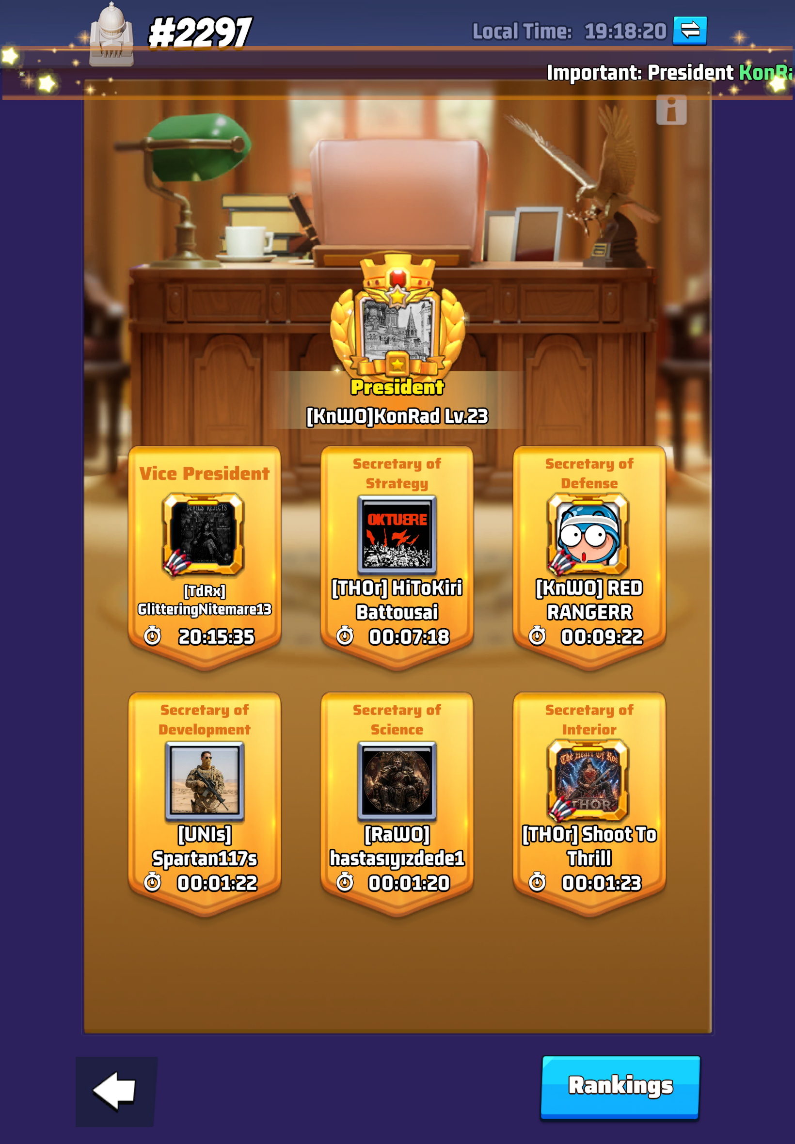 Capitol Title Assignment screen showing the President and the six subordinate titles — Vice President and five Secretaries — each held by commanders from different alliances across the Warzone.