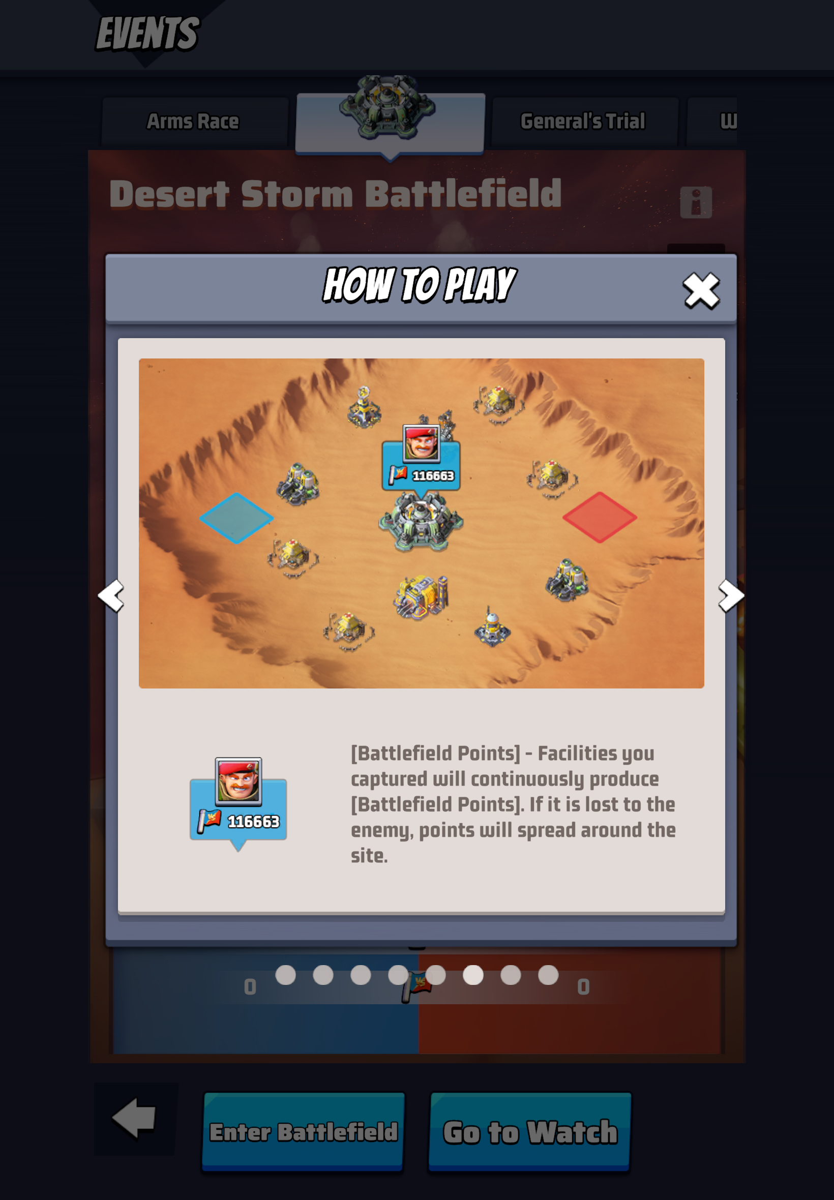 Desert Storm Battlefield captured Nuclear Silo showing a running Battlefield Points counter for the controlling alliance.