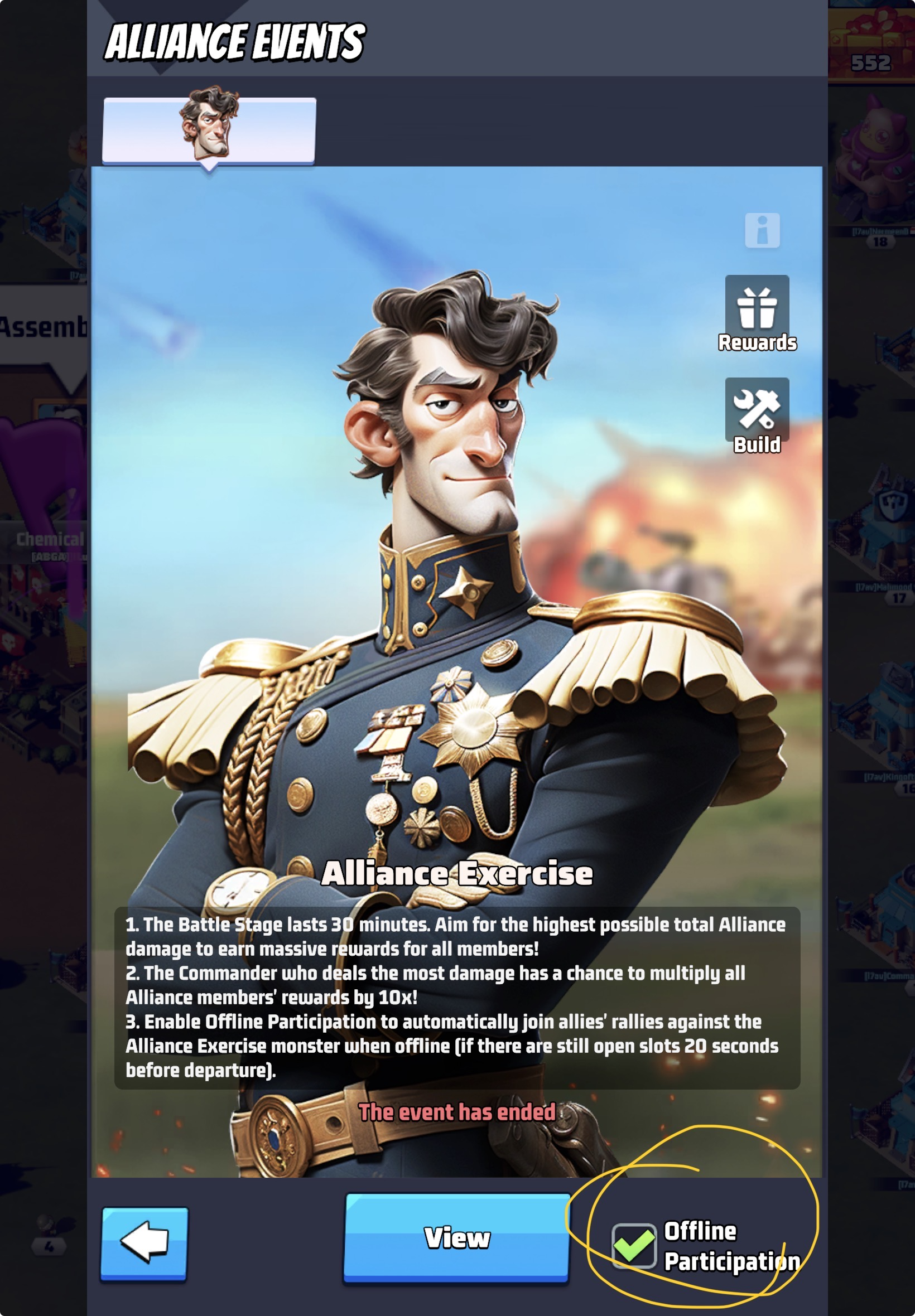 The Alliance Exercise event screen in-game, with the Offline Participation checkbox circled in the bottom-right corner.