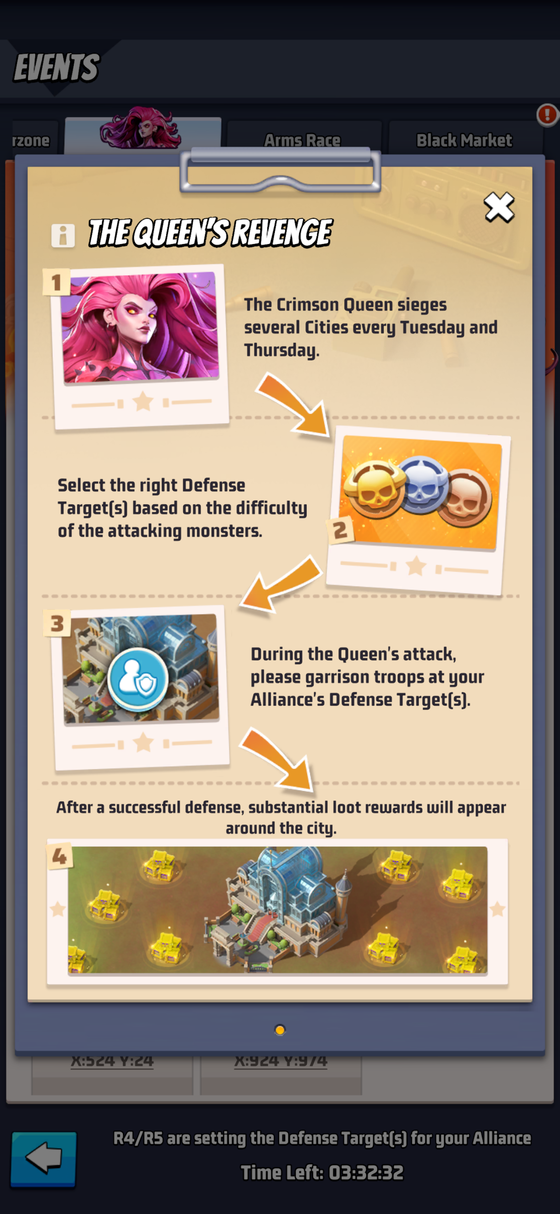 The Queen's Revenge event overview: the Crimson Queen sieges Cities, alliances select Defense Targets by difficulty, garrison troops there, and collect loot after a successful defense.
